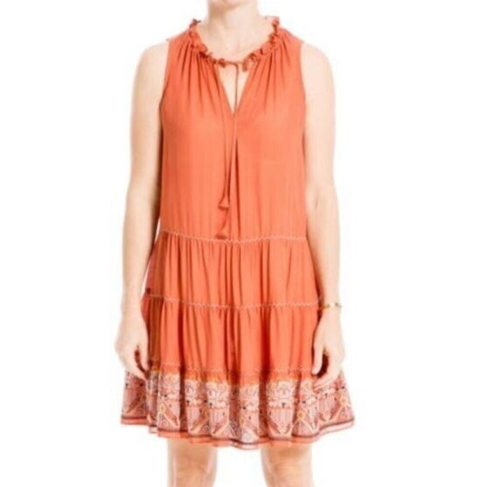 NEW NWT MAX STUDIO Embroidered Notched Neck Tank Dress Orange Mini Boho Rayon XS